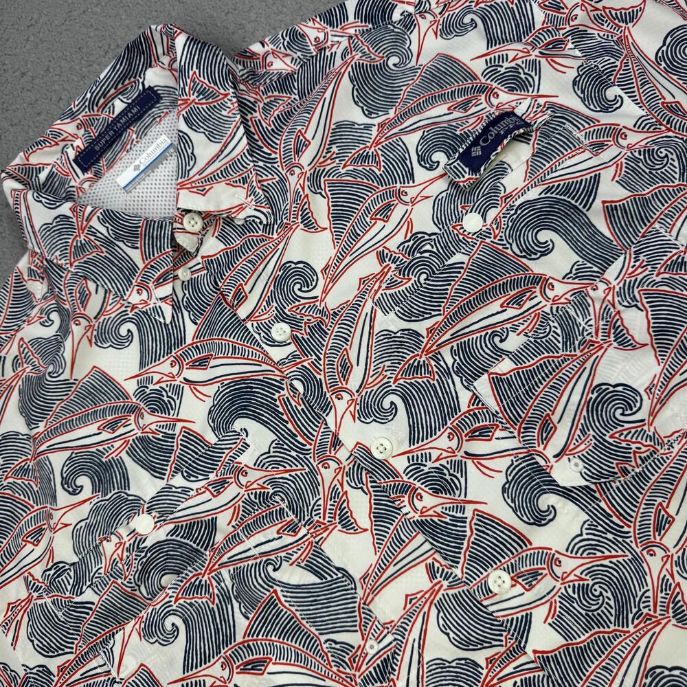 Columbia Shirt Mens Large Super Tamiami PFG Fishing Short Sleeve Fish Print